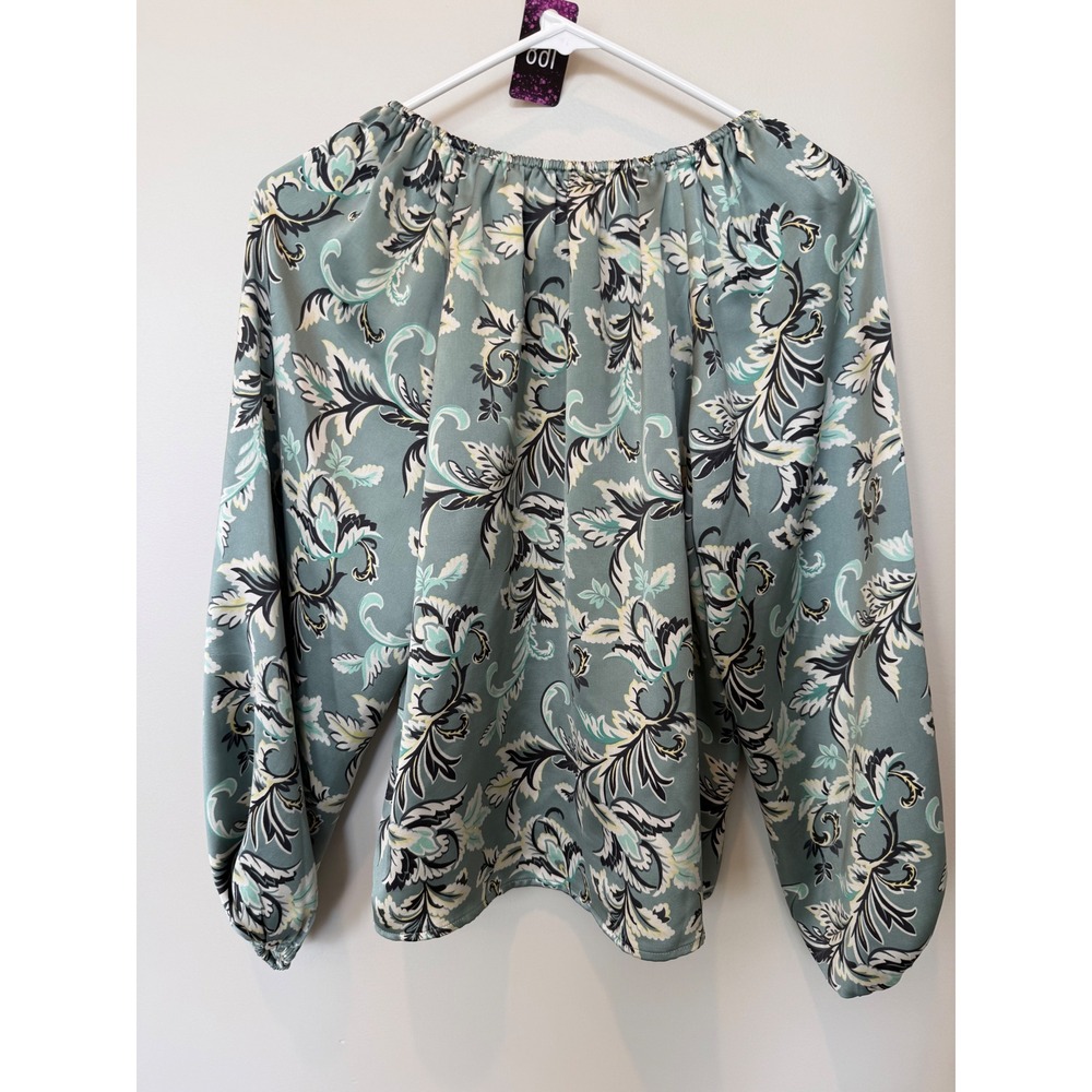 LOFT Petites Sage Green Floral Paisley Elastic Neck Long Sleeve Blouse 168 - Picture 3 of 6